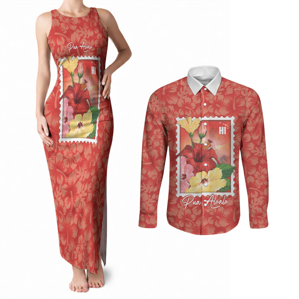 Aloha Hawaii Pua Aloalo Couples Matching Tank Maxi Dress and Long Sleeve Button Shirt Hawaiian Hibiscus Flowers Stylized Stamp LT14 Red - Polynesian Pride