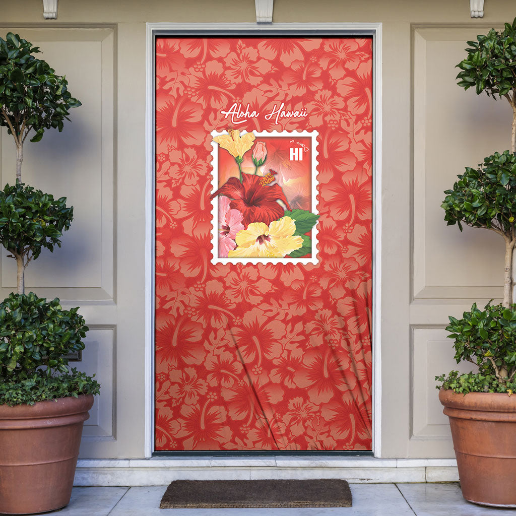 Aloha Hawaii Pua Aloalo Door Cover Hawaiian Hibiscus Flowers Stylized Stamp LT14 Red - Polynesian Pride