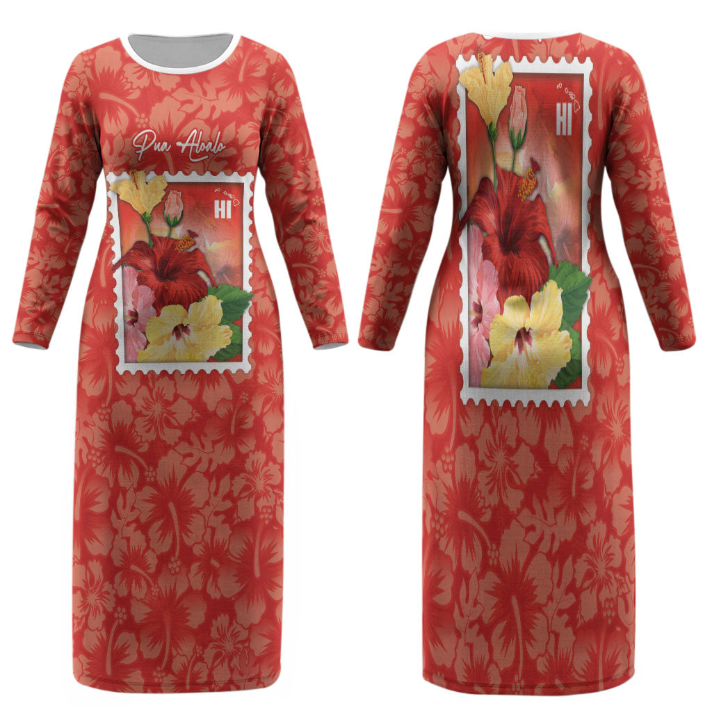 Aloha Hawaii Pua Aloalo Family Matching Long Sleeve Bodycon Dress and Hawaiian Shirt Hawaiian Hibiscus Flowers Stylized Stamp LT14 Mom's Dress Red - Polynesian Pride
