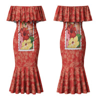 Aloha Hawaii Pua Aloalo Family Matching Mermaid Dress and Hawaiian Shirt Hawaiian Hibiscus Flowers Stylized Stamp LT14 Mom's Dress Red - Polynesian Pride