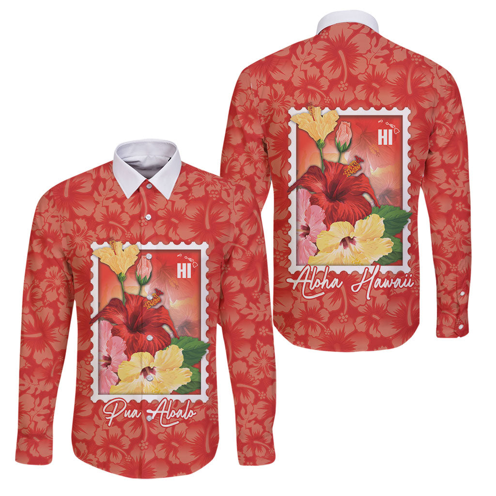 Aloha Hawaii Pua Aloalo Family Matching Mermaid Dress and Hawaiian Shirt Hawaiian Hibiscus Flowers Stylized Stamp LT14 Dad's Shirt - Long Sleeve Red - Polynesian Pride