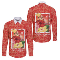 Aloha Hawaii Pua Aloalo Family Matching Mermaid Dress and Hawaiian Shirt Hawaiian Hibiscus Flowers Stylized Stamp LT14 Dad's Shirt - Long Sleeve Red - Polynesian Pride