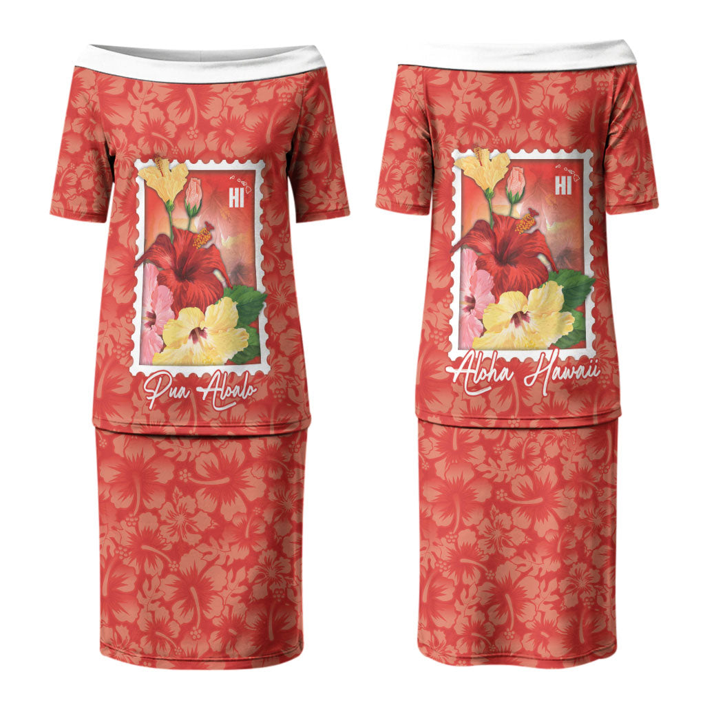 Aloha Hawaii Pua Aloalo Family Matching Puletasi and Hawaiian Shirt Hawaiian Hibiscus Flowers Stylized Stamp LT14 Mom's Dress Red - Polynesian Pride