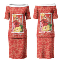 Aloha Hawaii Pua Aloalo Family Matching Puletasi and Hawaiian Shirt Hawaiian Hibiscus Flowers Stylized Stamp LT14 Mom's Dress Red - Polynesian Pride