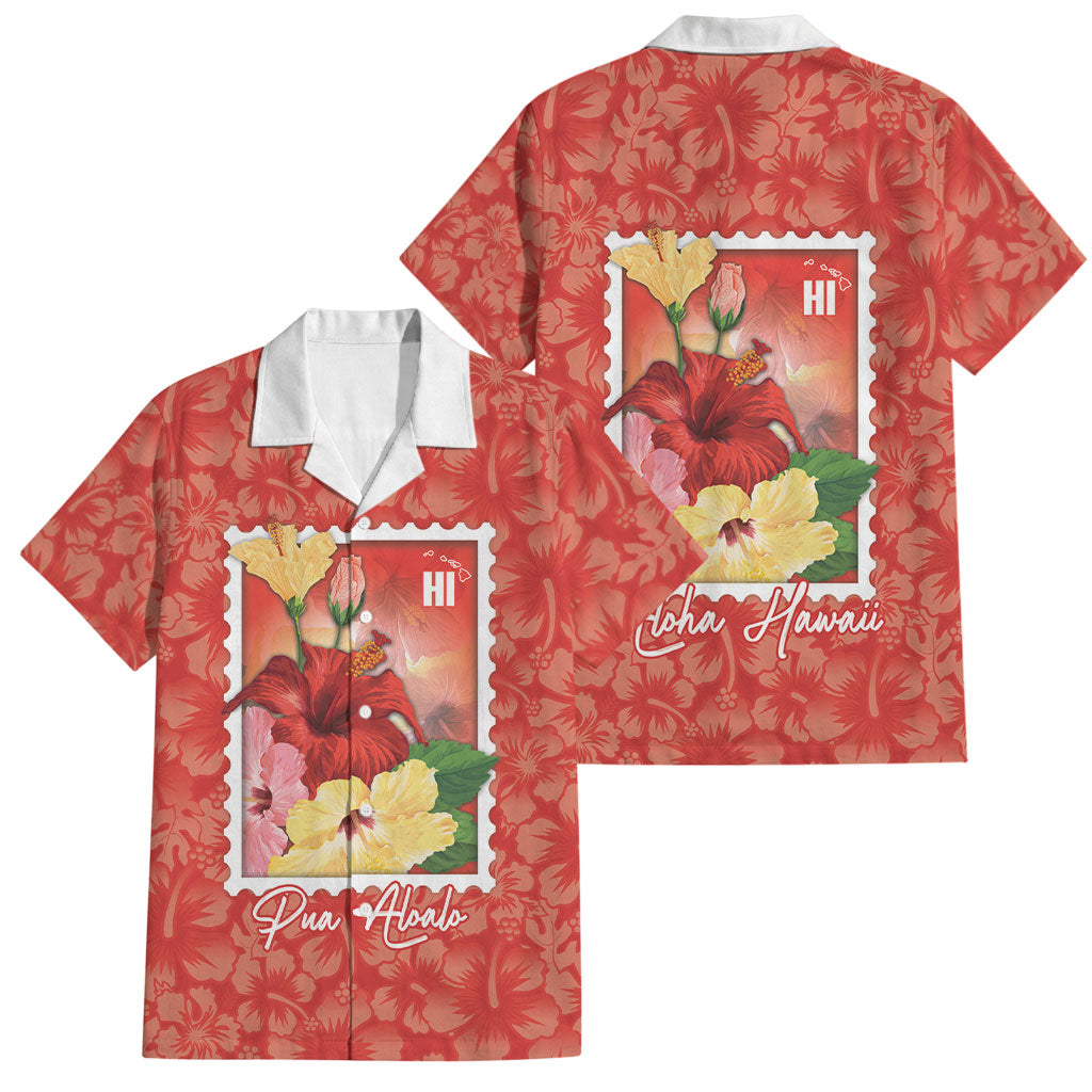 Aloha Hawaii Pua Aloalo Family Matching Puletasi and Hawaiian Shirt Hawaiian Hibiscus Flowers Stylized Stamp LT14 Dad's Shirt - Short Sleeve Red - Polynesian Pride