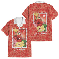 Aloha Hawaii Pua Aloalo Family Matching Puletasi and Hawaiian Shirt Hawaiian Hibiscus Flowers Stylized Stamp LT14 Dad's Shirt - Short Sleeve Red - Polynesian Pride