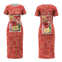 Aloha Hawaii Pua Aloalo Family Matching Short Sleeve Bodycon Dress and Hawaiian Shirt Hawaiian Hibiscus Flowers Stylized Stamp LT14 Mom's Dress Red - Polynesian Pride