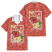 Aloha Hawaii Pua Aloalo Family Matching Short Sleeve Bodycon Dress and Hawaiian Shirt Hawaiian Hibiscus Flowers Stylized Stamp LT14 Dad's Shirt - Short Sleeve Red - Polynesian Pride