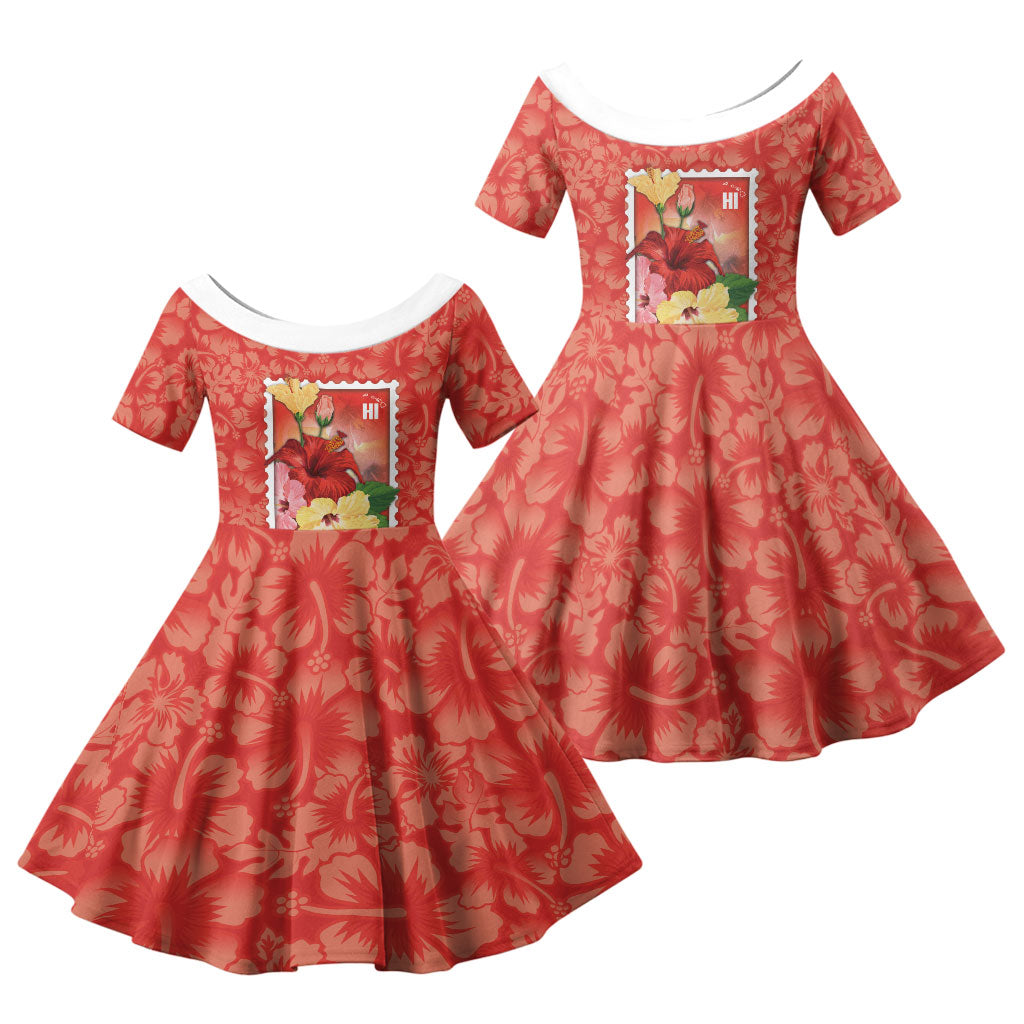 Aloha Hawaii Pua Aloalo Family Matching Short Sleeve Bodycon Dress and Hawaiian Shirt Hawaiian Hibiscus Flowers Stylized Stamp LT14 Daughter's Dress Red - Polynesian Pride