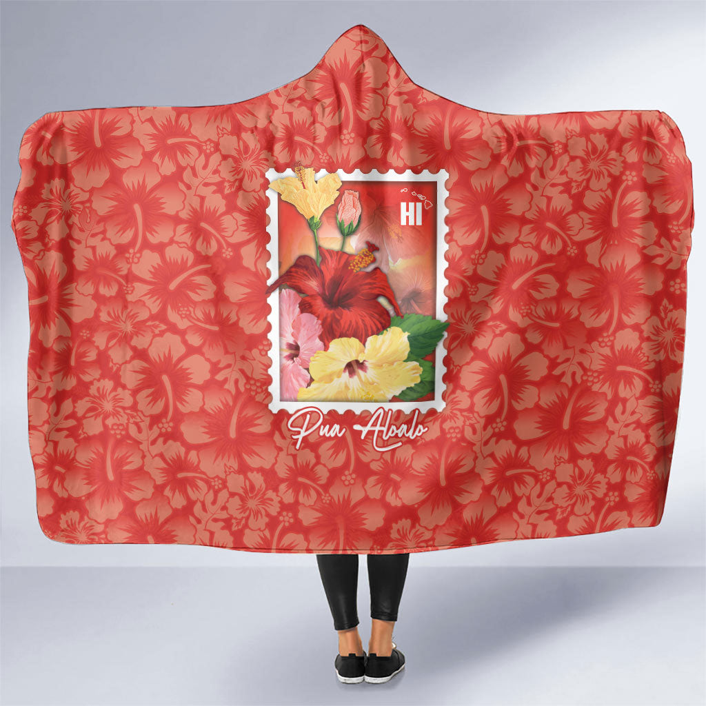 Aloha Hawaii Pua Aloalo Hooded Blanket Hawaiian Hibiscus Flowers Stylized Stamp LT14 One Size Red - Polynesian Pride