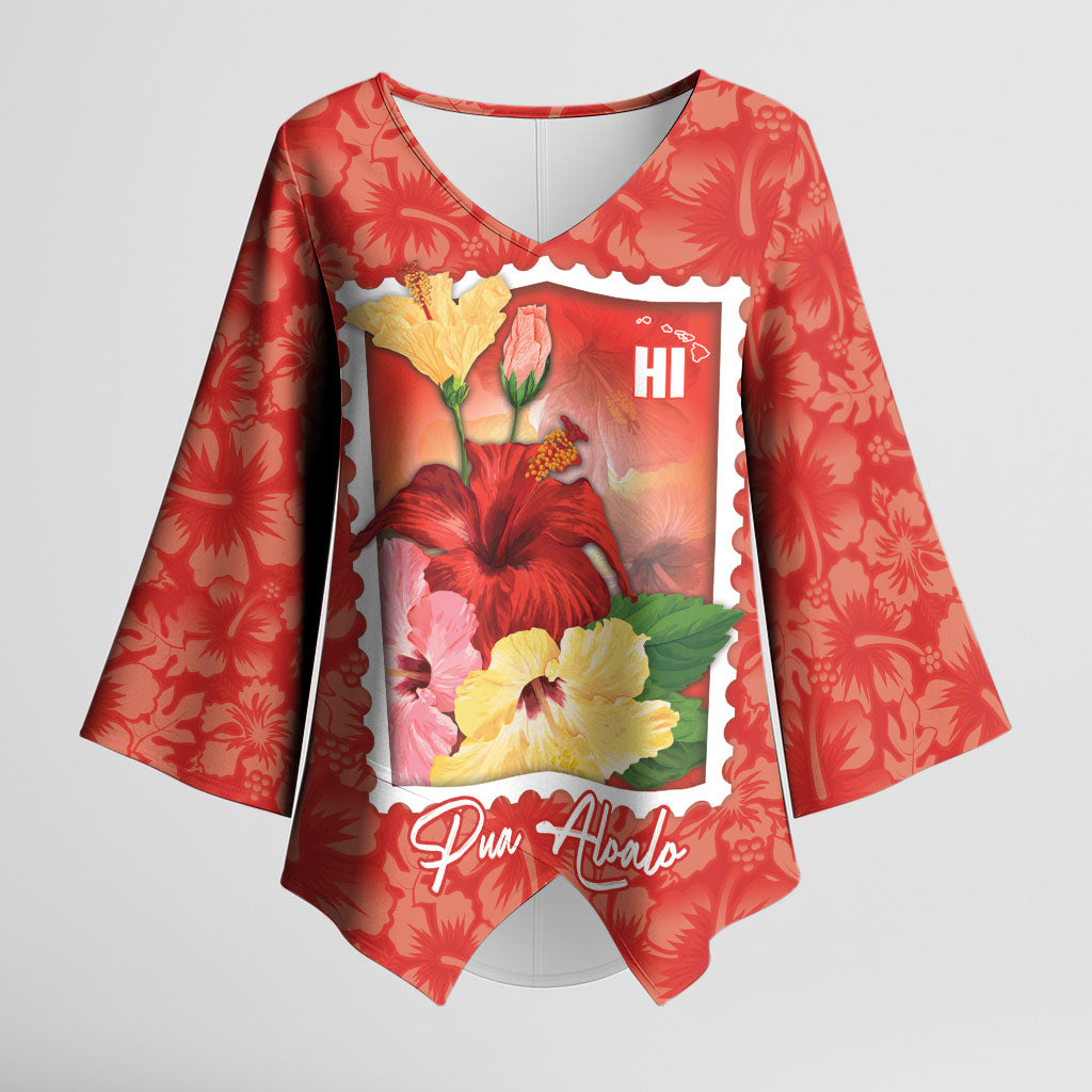 Aloha Hawaii Pua Aloalo Kimono Sleeve Blouse Hawaiian Hibiscus Flowers Stylized Stamp LT14 Female Red - Polynesian Pride