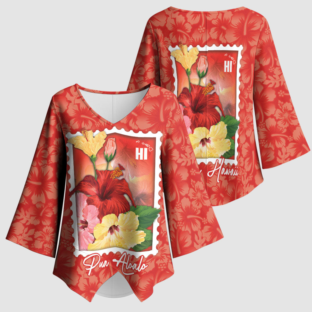 Aloha Hawaii Pua Aloalo Kimono Sleeve Blouse Hawaiian Hibiscus Flowers Stylized Stamp LT14 - Polynesian Pride