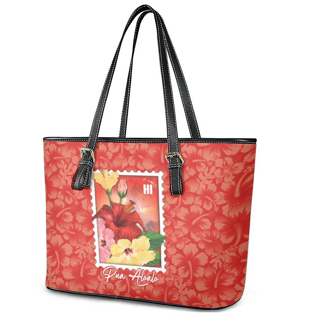 Aloha Hawaii Pua Aloalo Leather Tote Bag Hawaiian Hibiscus Flowers Stylized Stamp LT14 - Polynesian Pride