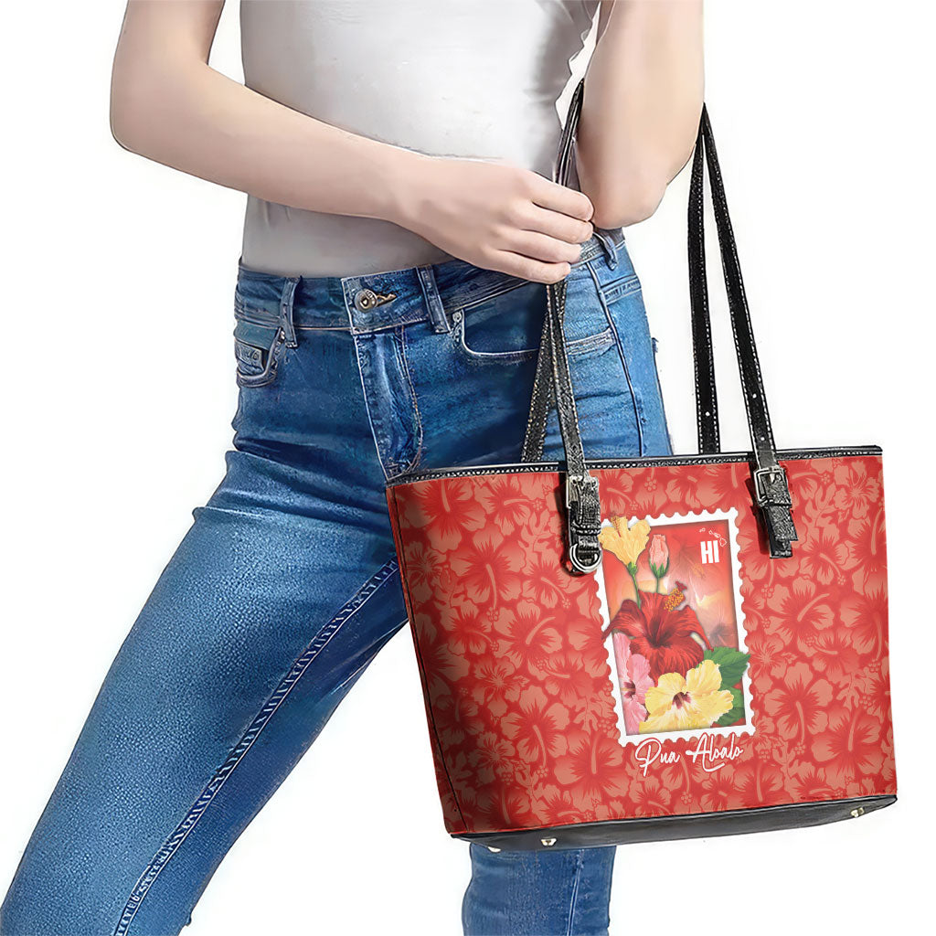 Aloha Hawaii Pua Aloalo Leather Tote Bag Hawaiian Hibiscus Flowers Stylized Stamp LT14 - Polynesian Pride