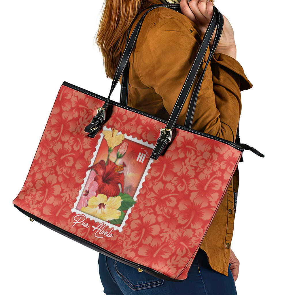 Aloha Hawaii Pua Aloalo Leather Tote Bag Hawaiian Hibiscus Flowers Stylized Stamp LT14 - Polynesian Pride