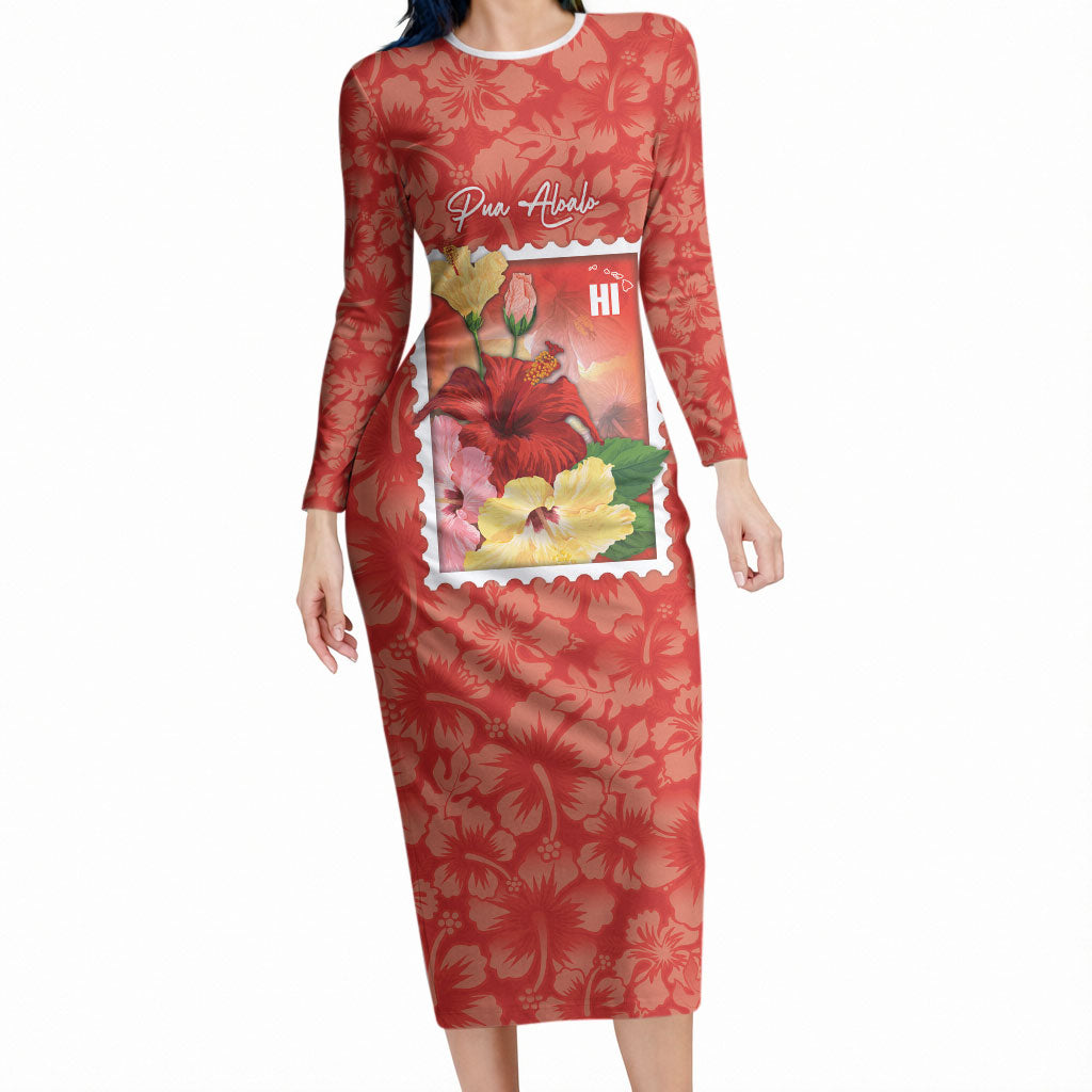 Aloha Hawaii Pua Aloalo Long Sleeve Bodycon Dress Hawaiian Hibiscus Flowers Stylized Stamp