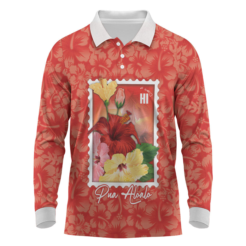 Aloha Hawaii Pua Aloalo Long Sleeve Polo Shirt Hawaiian Hibiscus Flowers Stylized Stamp LT14 Red - Polynesian Pride