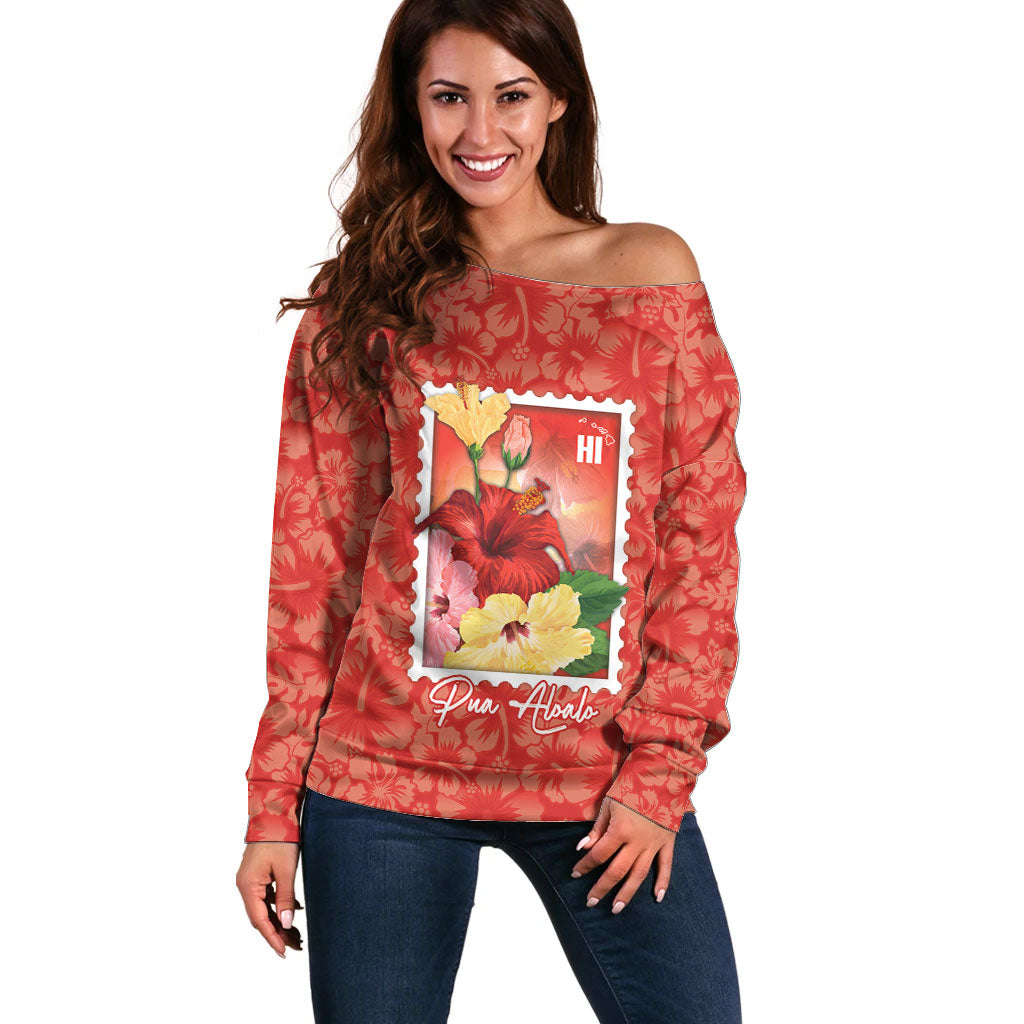 Aloha Hawaii Pua Aloalo Off Shoulder Sweater Hawaiian Hibiscus Flowers Stylized Stamp LT14 Women Red - Polynesian Pride