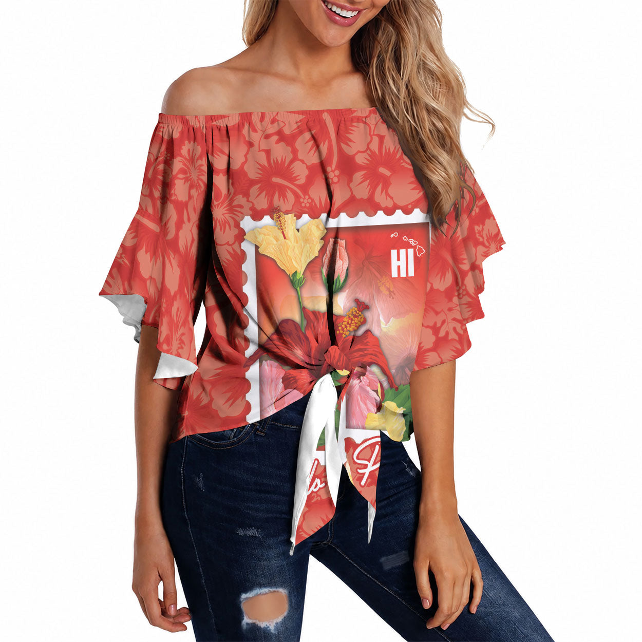 Aloha Hawaii Pua Aloalo Off Shoulder Wrap Waist Top Hawaiian Hibiscus Flowers Stylized Stamp LT14 Red - Polynesian Pride