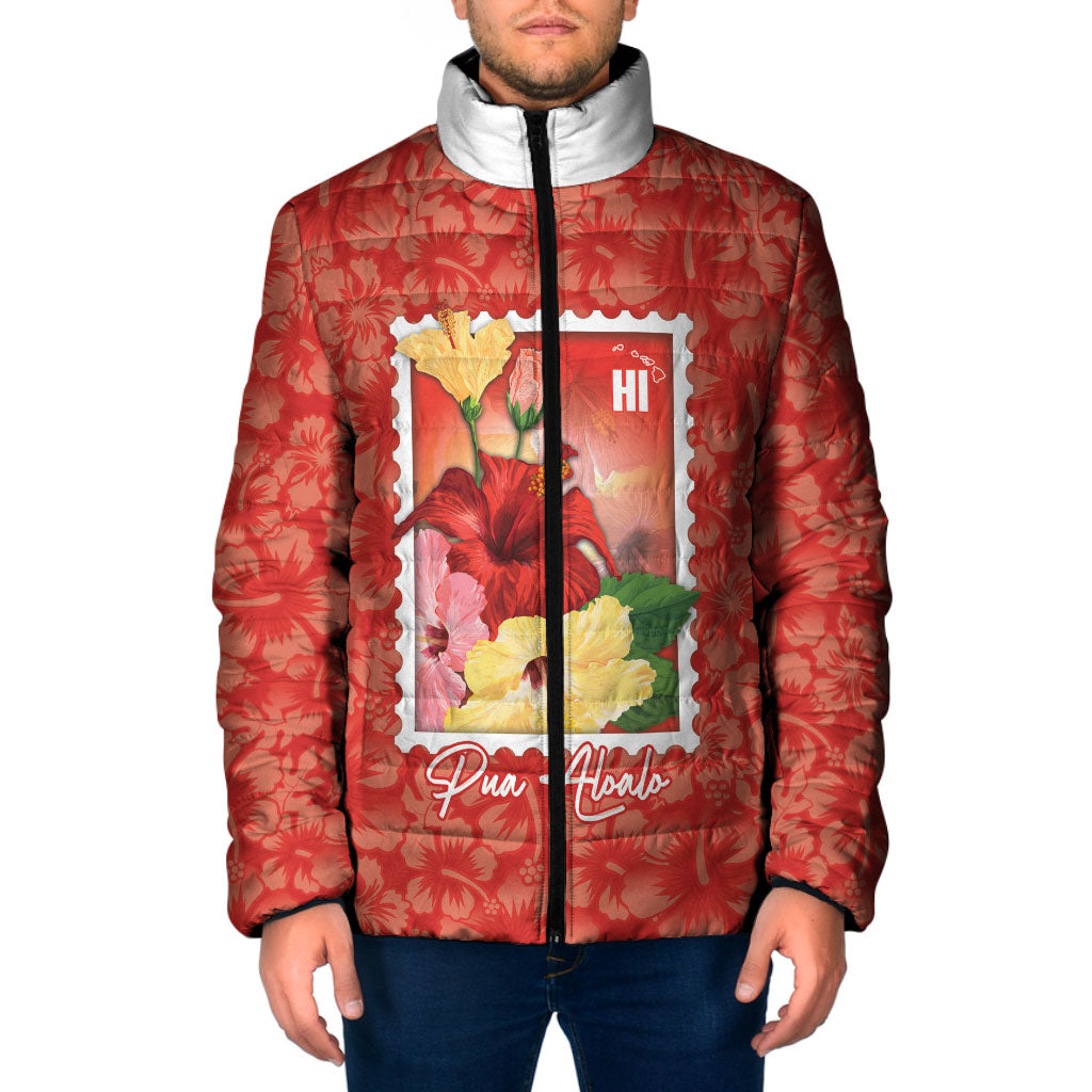 Aloha Hawaii Pua Aloalo Padded Jacket Hawaiian Hibiscus Flowers Stylized Stamp LT14 Men Red - Polynesian Pride