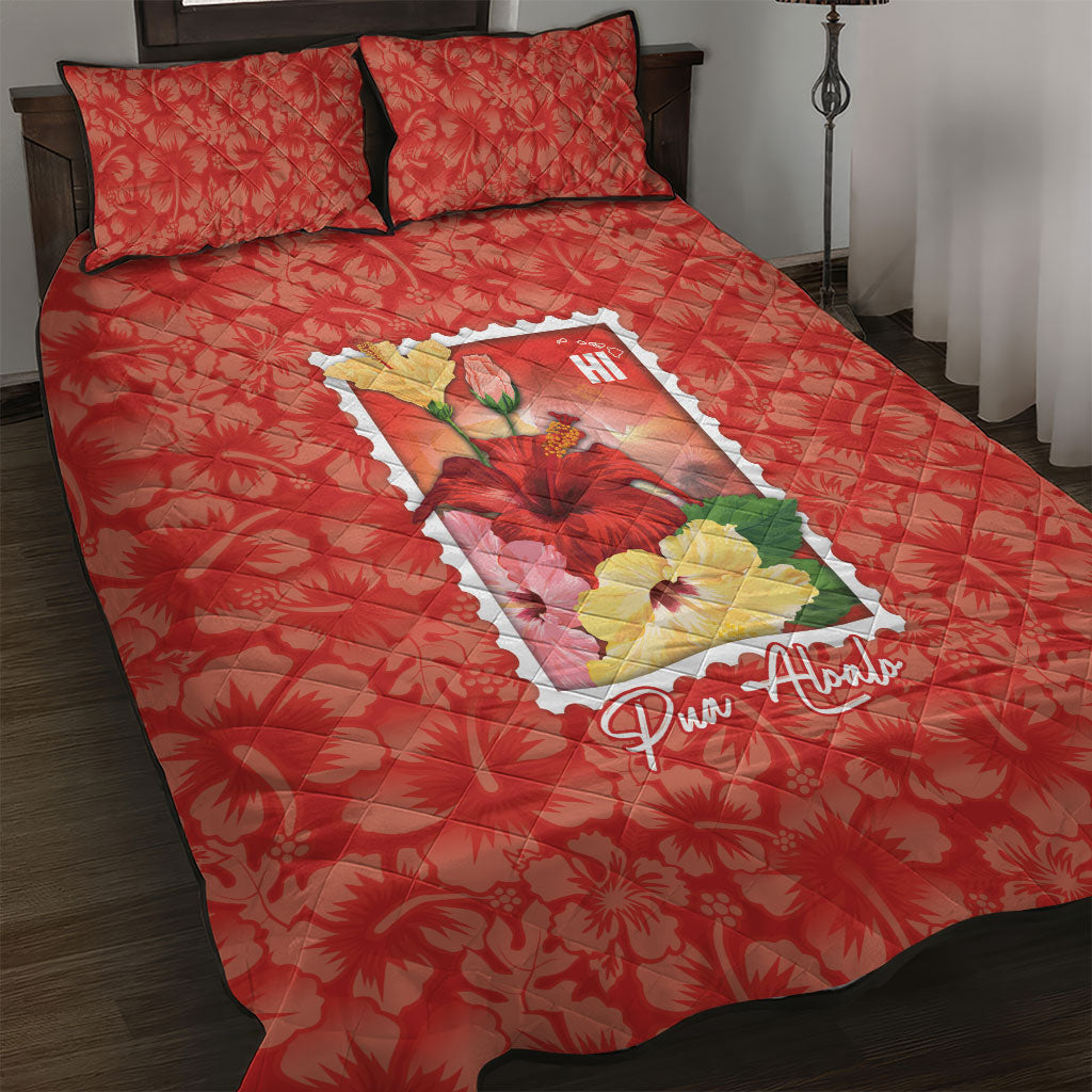 Aloha Hawaii Pua Aloalo Quilt Bed Set Hawaiian Hibiscus Flowers Stylized Stamp LT14 Red - Polynesian Pride