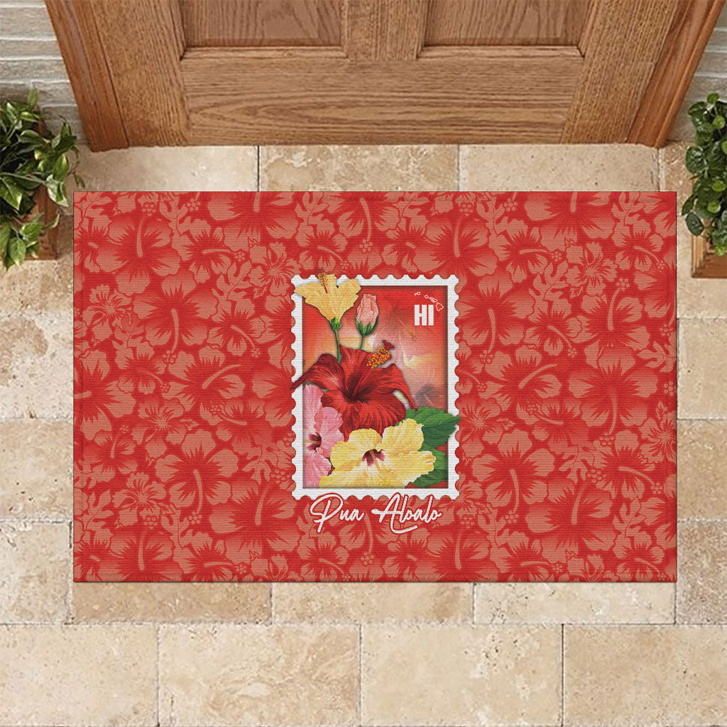 Aloha Hawaii Pua Aloalo Rubber Doormat Hawaiian Hibiscus Flowers Stylized Stamp LT14 Red - Polynesian Pride