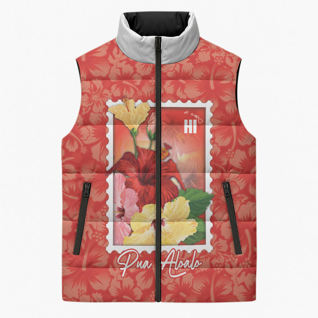 Aloha Hawaii Pua Aloalo Sleeveless Puffer Jacket Hawaiian Hibiscus Flowers Stylized Stamp LT14 Unisex Red - Polynesian Pride