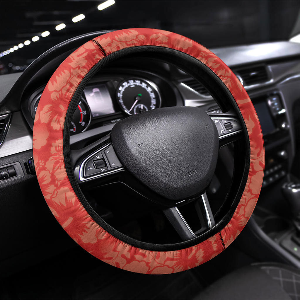Aloha Hawaii Pua Aloalo Steering Wheel Cover Hawaiian Hibiscus Flowers Stylized Stamp LT14 Universal Fit Red - Polynesian Pride