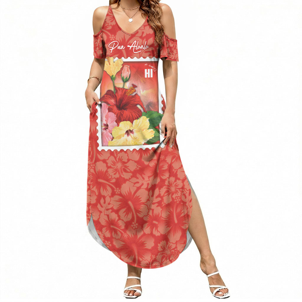 Aloha Hawaii Pua Aloalo Summer Maxi Dress Hawaiian Hibiscus Flowers Stylized Stamp LT14 Women Red - Polynesian Pride