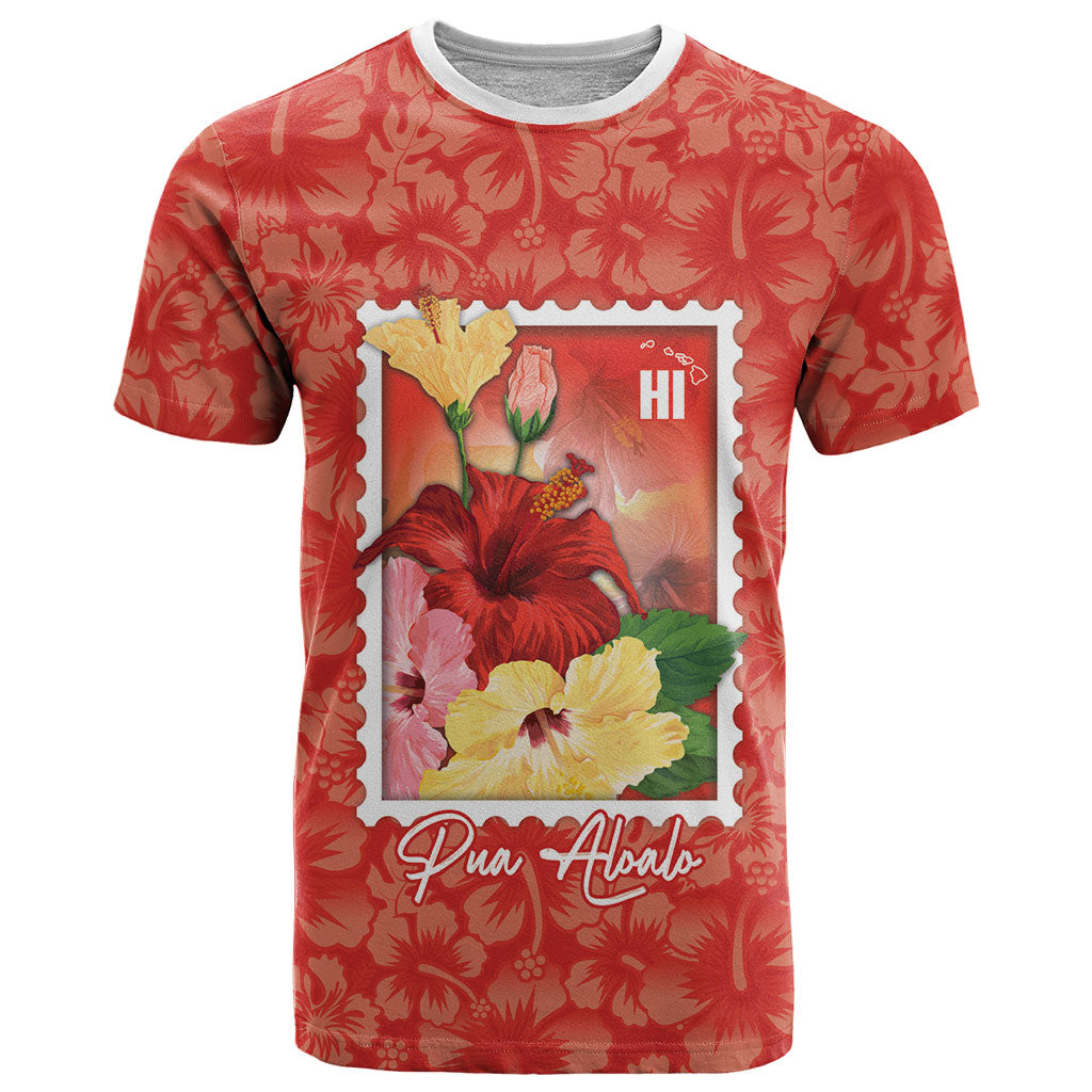 Aloha Hawaii Pua Aloalo T Shirt Hawaiian Hibiscus Flowers Stylized Stamp LT14 Red - Polynesian Pride
