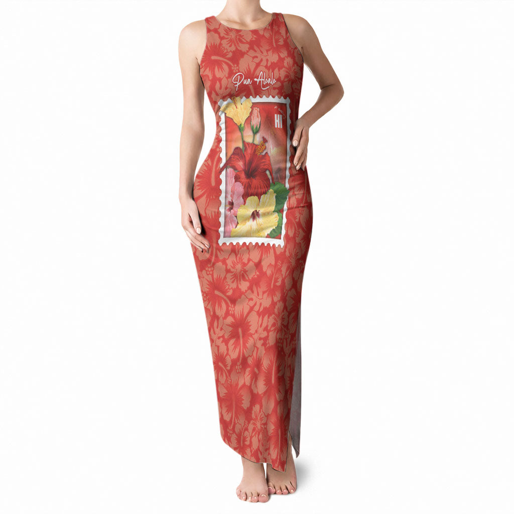 Aloha Hawaii Pua Aloalo Tank Maxi Dress Hawaiian Hibiscus Flowers Stylized Stamp LT14 Women Red - Polynesian Pride