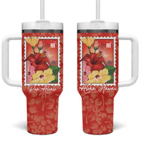 Aloha Hawaii Pua Aloalo Tumbler With Handle Hawaiian Hibiscus Flowers Stylized Stamp LT14 One Size: 40 oz Red - Polynesian Pride