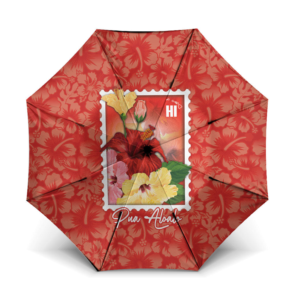 Aloha Hawaii Pua Aloalo Umbrella Hawaiian Hibiscus Flowers Stylized Stamp LT14 One Size Folded 11.42 inch Opened Diameter 37.4 inch Red - Polynesian Pride