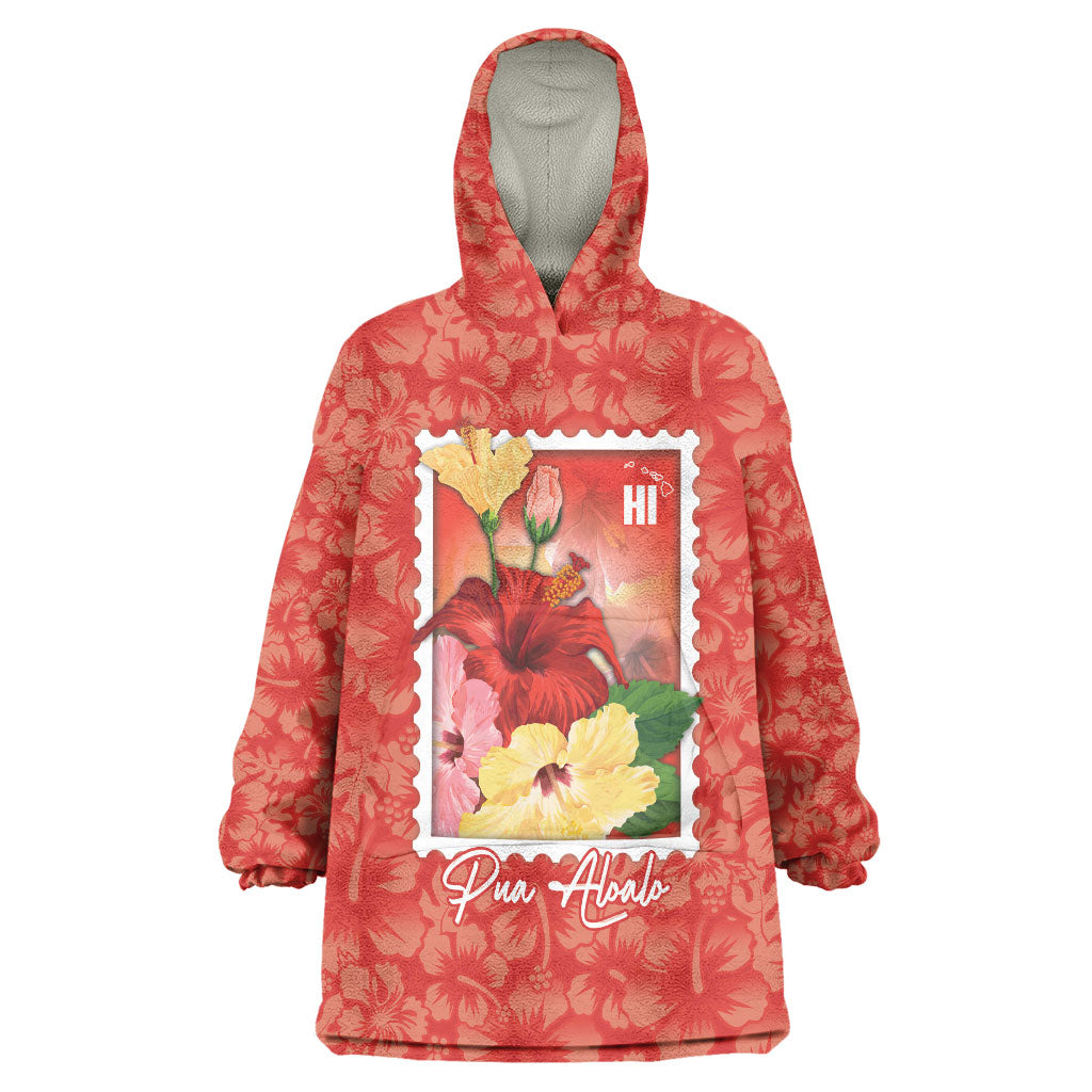 Aloha Hawaii Pua Aloalo Wearable Blanket Hoodie Hawaiian Hibiscus Flowers Stylized Stamp LT14 One Size Red - Polynesian Pride