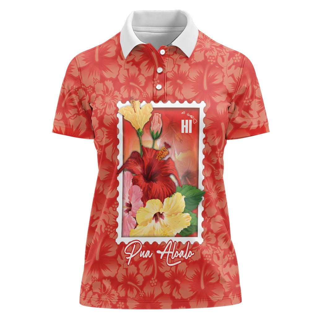 Aloha Hawaii Pua Aloalo Women Polo Shirt Hawaiian Hibiscus Flowers Stylized Stamp LT14 Female Red - Polynesian Pride