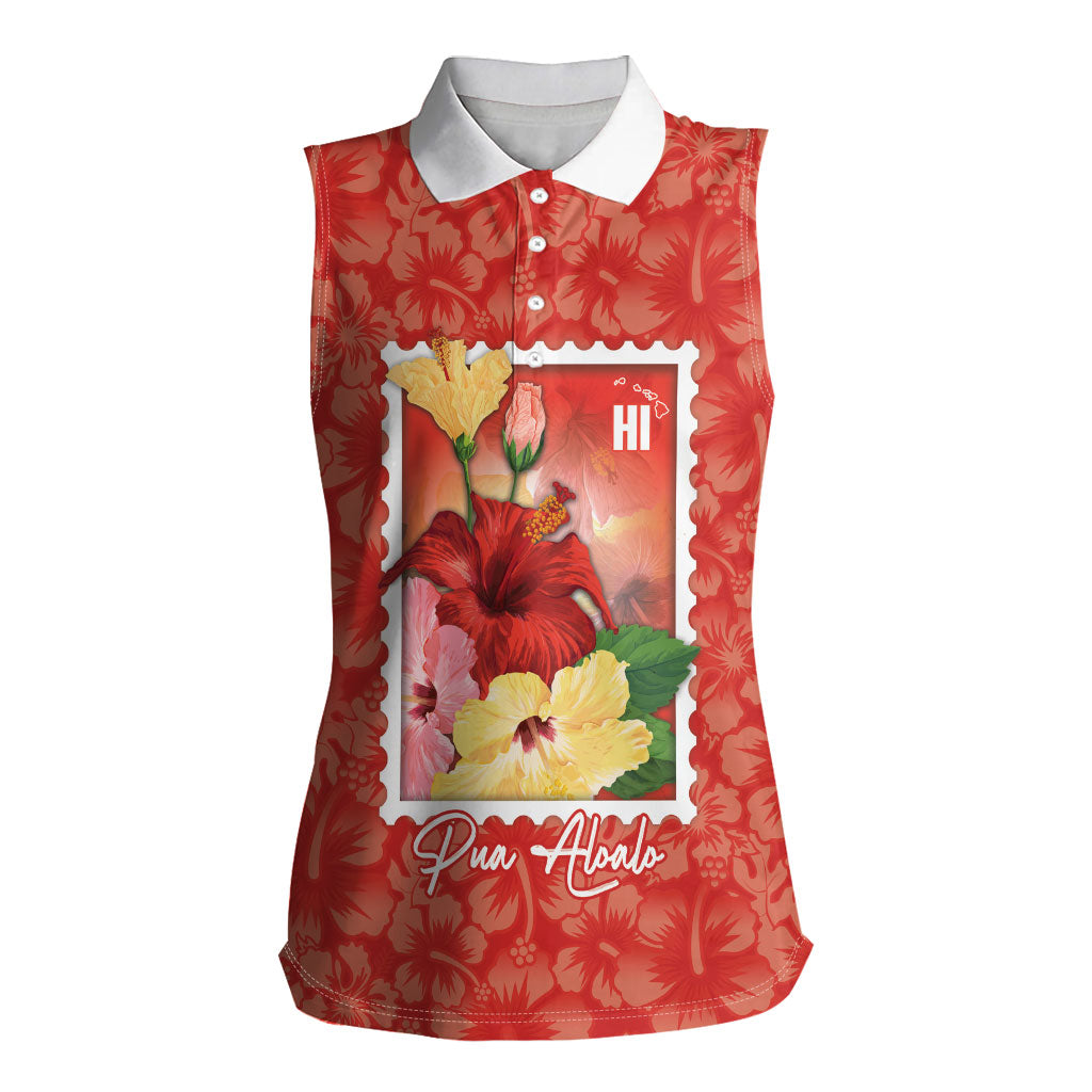 Aloha Hawaii Pua Aloalo Women Sleeveless Polo Shirt Hawaiian Hibiscus Flowers Stylized Stamp LT14 Female Red - Polynesian Pride