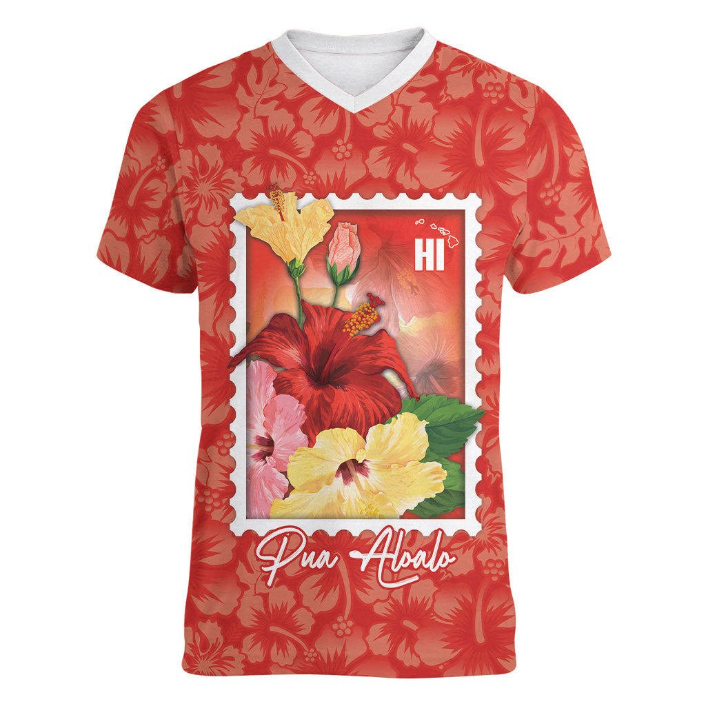 Aloha Hawaii Pua Aloalo Women V-Neck T-Shirt Hawaiian Hibiscus Flowers Stylized Stamp LT14 Female Red - Polynesian Pride