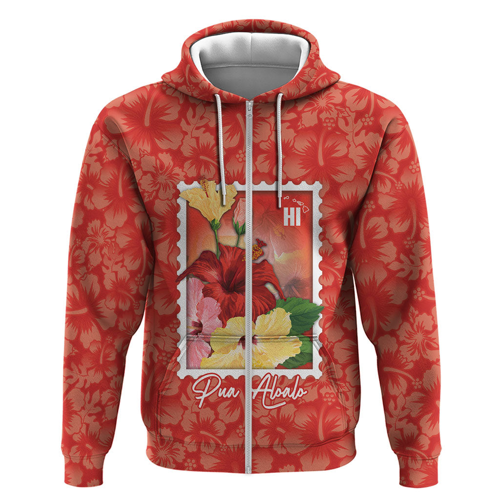 Aloha Hawaii Pua Aloalo Zip Hoodie Hawaiian Hibiscus Flowers Stylized Stamp LT14 Zip Hoodie Red - Polynesian Pride