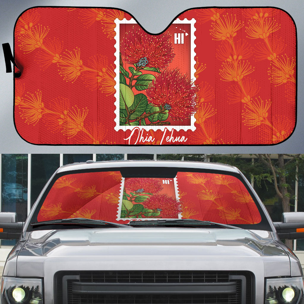 Aloha Hawaii Ohia Lehua Auto Sun Shade Hawaiian Lei Stylized Stamp LT14 Red - Polynesian Pride