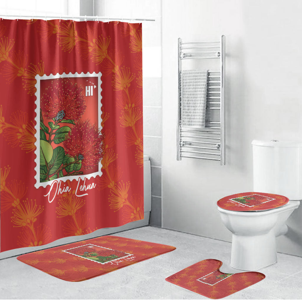 Aloha Hawaii Ohia Lehua Bathroom Set Hawaiian Lei Stylized Stamp LT14 Bathroom Set (4 pcs) Red - Polynesian Pride