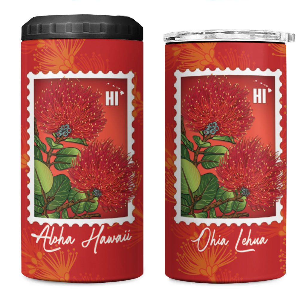 Aloha Hawaii Ohia Lehua 4 in 1 Can Cooler Tumbler Hawaiian Lei Stylized Stamp LT14 One Size: 16 oz Red - Polynesian Pride