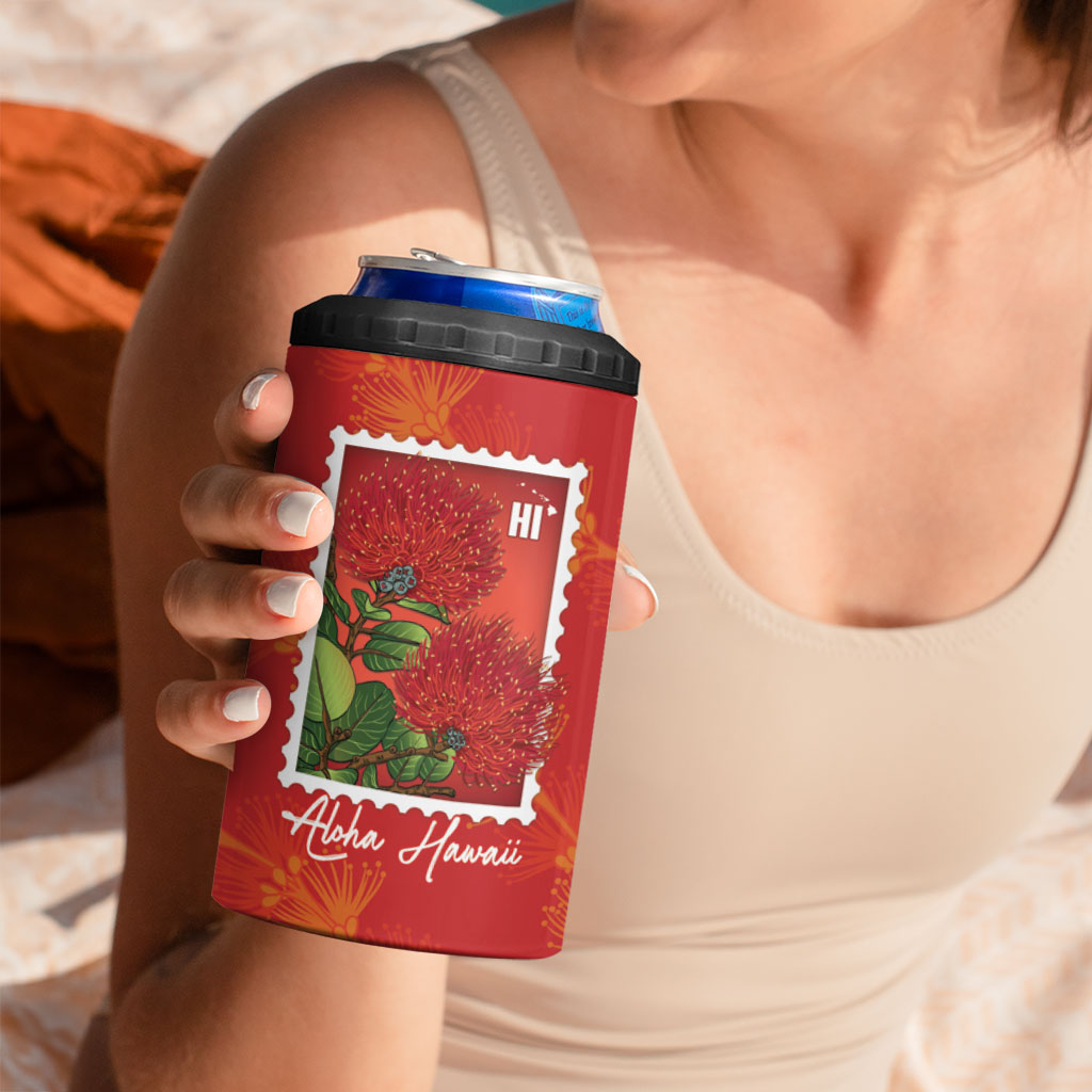 Aloha Hawaii Ohia Lehua 4 in 1 Can Cooler Tumbler Hawaiian Lei Stylized Stamp LT14 - Polynesian Pride