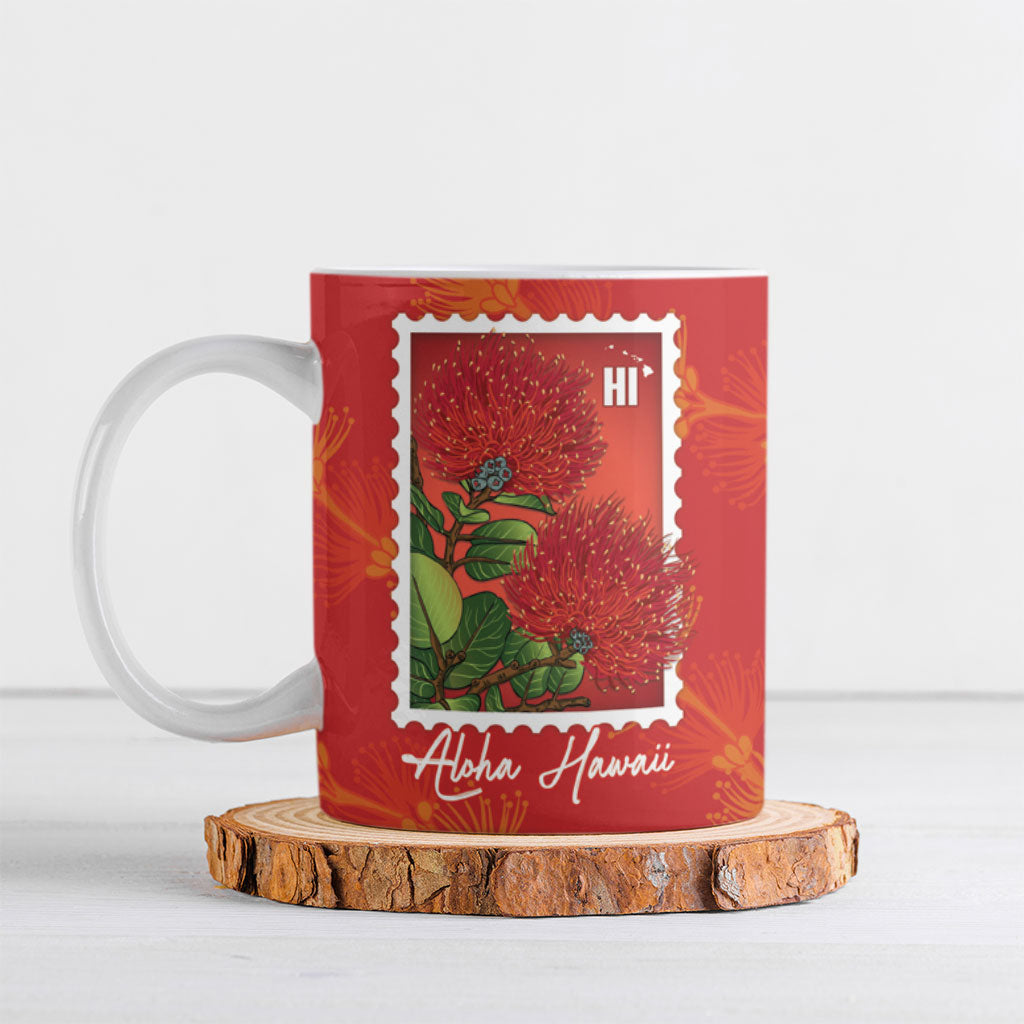 Aloha Hawaii Ohia Lehua Ceramic Mug Hawaiian Lei Stylized Stamp LT14 Red - Polynesian Pride