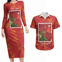 Aloha Hawaii Ohia Lehua Couples Matching Long Sleeve Bodycon Dress and Hawaiian Shirt Hawaiian Lei Stylized Stamp LT14 Red - Polynesian Pride