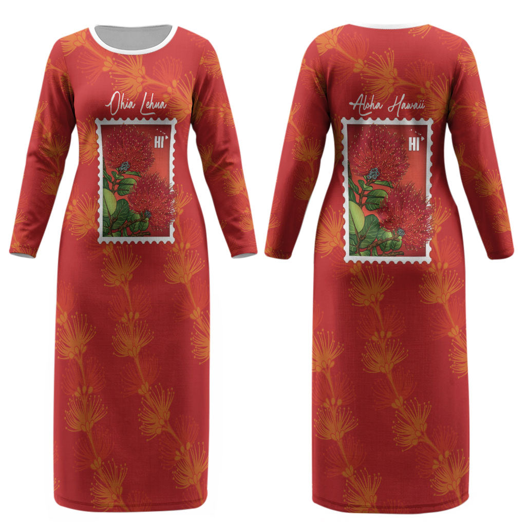 Aloha Hawaii Ohia Lehua Couples Matching Long Sleeve Bodycon Dress and Hawaiian Shirt Hawaiian Lei Stylized Stamp LT14 - Polynesian Pride