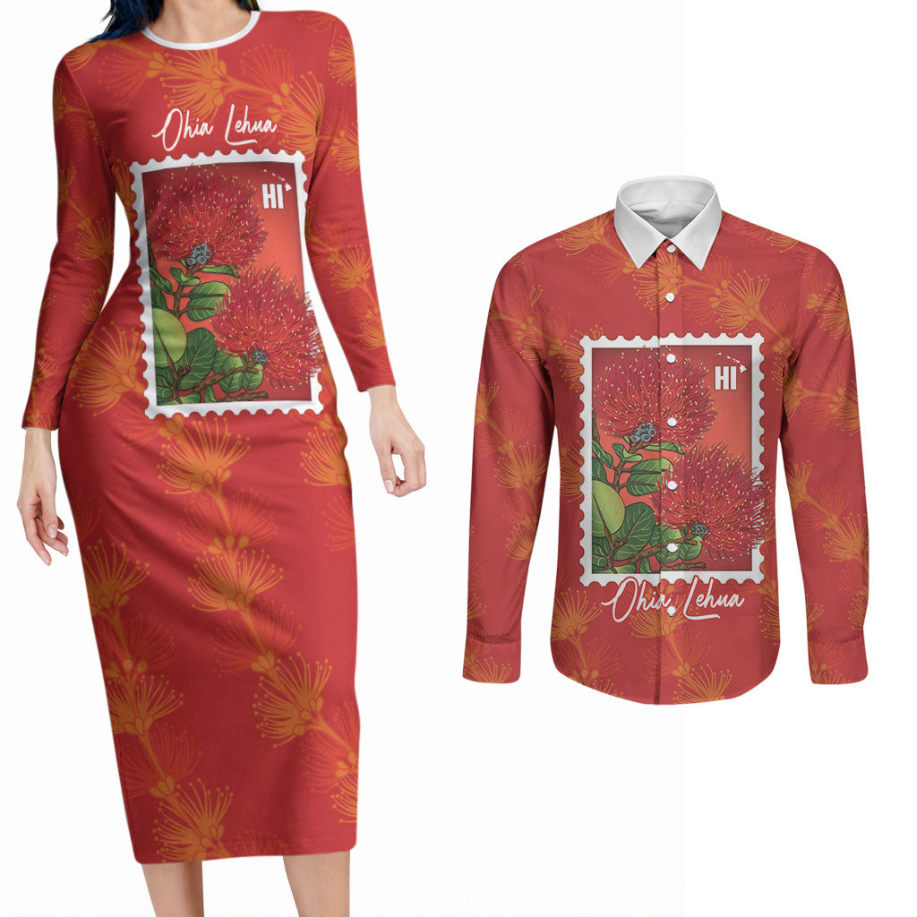 Aloha Hawaii Ohia Lehua Couples Matching Long Sleeve Bodycon Dress and Long Sleeve Button Shirt Hawaiian Lei Stylized Stamp