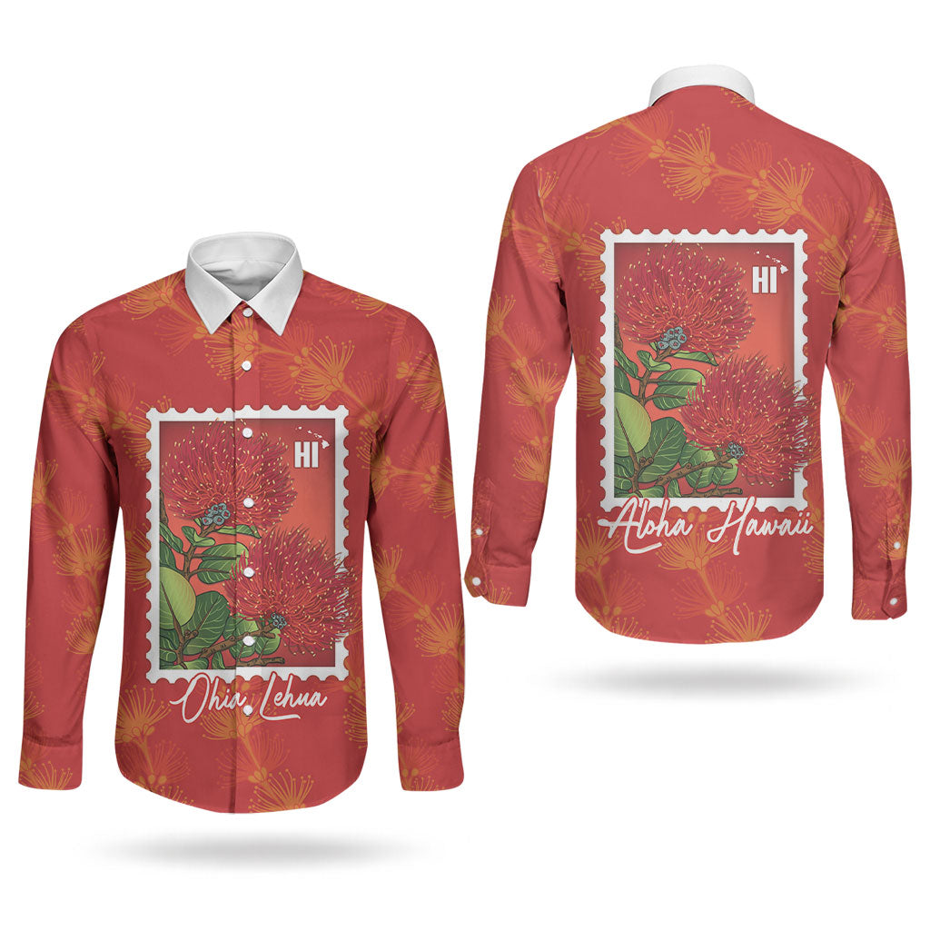 Aloha Hawaii Ohia Lehua Couples Matching Off Shoulder Short Dress and Long Sleeve Button Shirt Hawaiian Lei Stylized Stamp LT14 - Polynesian Pride