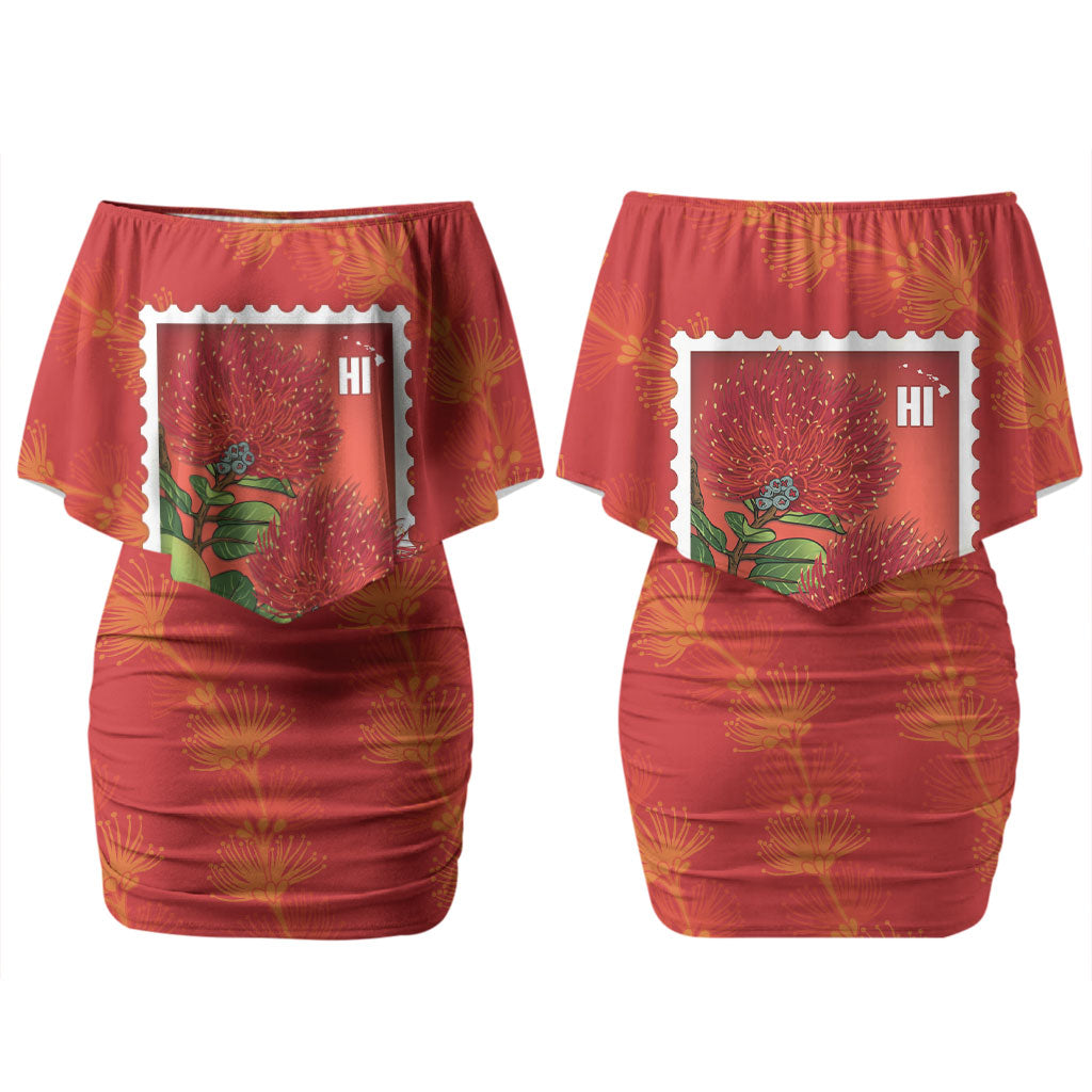 Aloha Hawaii Ohia Lehua Couples Matching Off Shoulder Short Dress and Long Sleeve Button Shirt Hawaiian Lei Stylized Stamp LT14 - Polynesian Pride