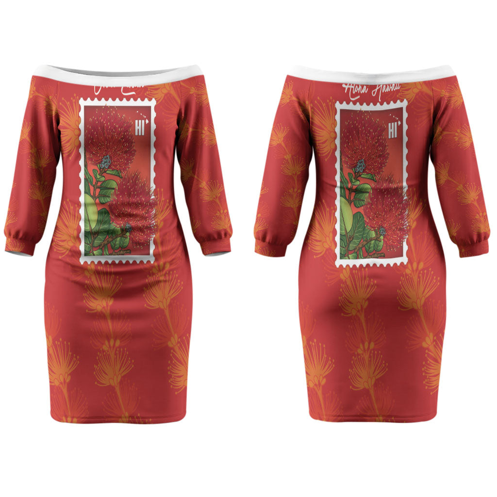 Aloha Hawaii Ohia Lehua Couples Matching Off The Shoulder Long Sleeve Dress and Long Sleeve Button Shirt Hawaiian Lei Stylized Stamp LT14 - Polynesian Pride