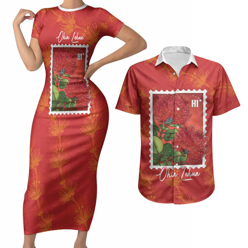 Aloha Hawaii Ohia Lehua Couples Matching Short Sleeve Bodycon Dress and Hawaiian Shirt Hawaiian Lei Stylized Stamp LT14 Red - Polynesian Pride